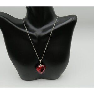 Crystal Necklace 18" Heart Shaped Faceted Red Pendant Necklace Silver Tone Chain